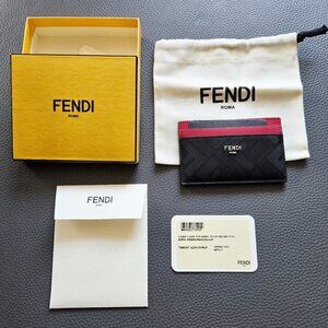 FENDI Leather Card Holder with Embossed FF Print and Metal FENDI ROMA Lettering